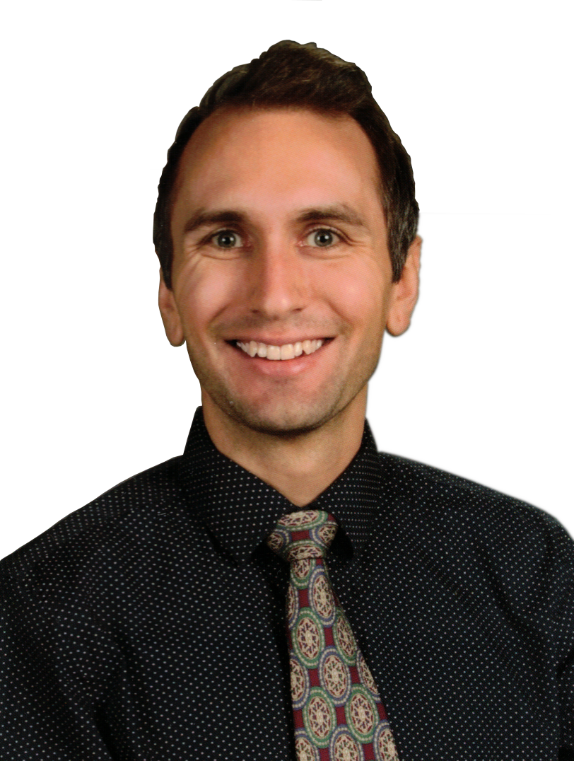 Headshot photo of Joshua Sabik smiling, wearing a blue shirt and patterned tie